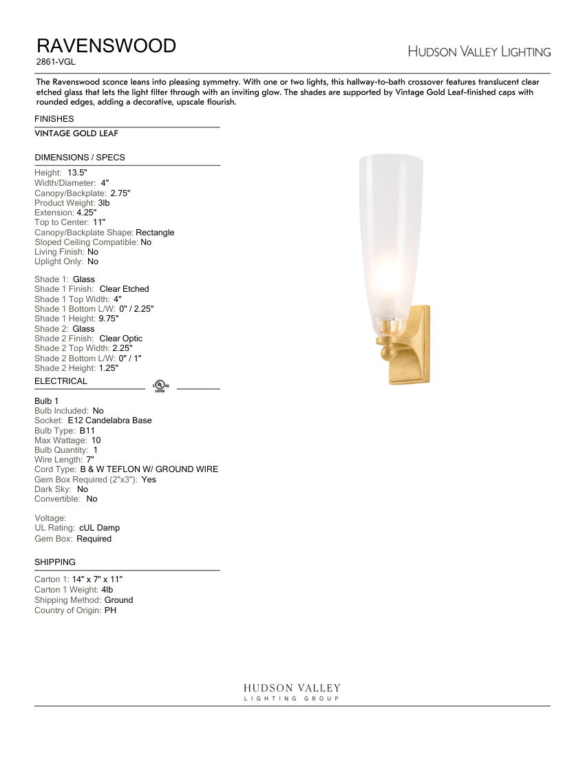 Hudson Valley Lighting 2861-VGL cut sheet — first page