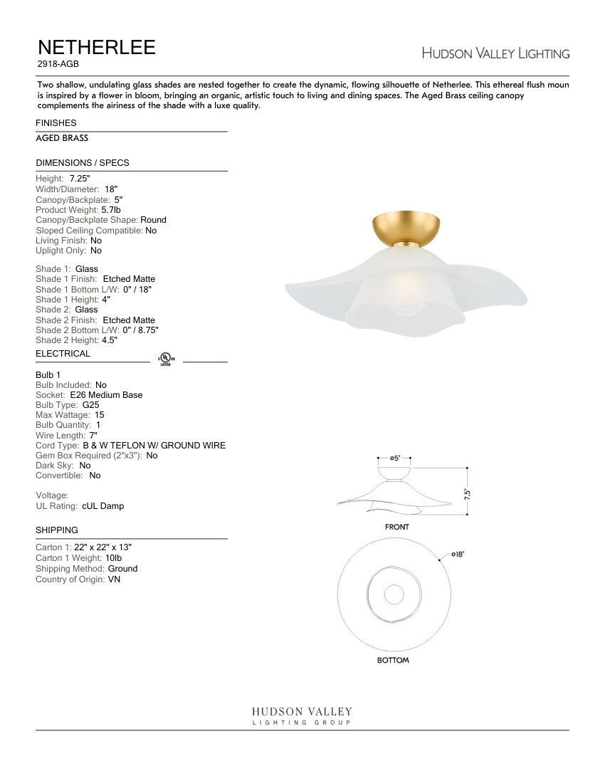 Hudson Valley Lighting 2918-AGB cut sheet — first page
