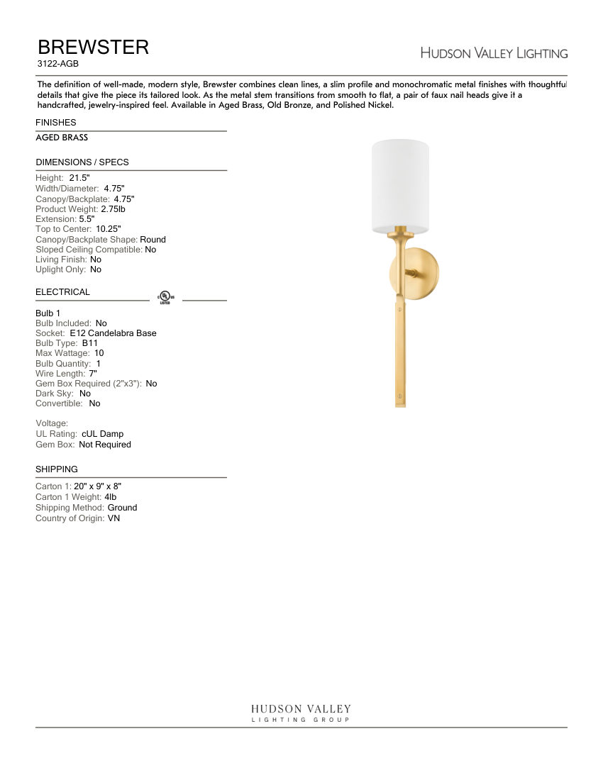 Hudson Valley Lighting 3122-AGB cut sheet — first page