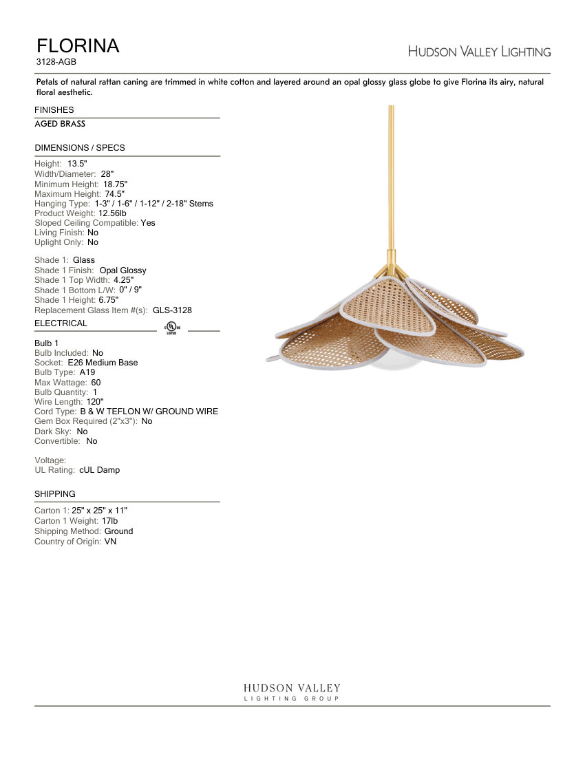Hudson Valley Lighting 3128-AGB cut sheet — first page