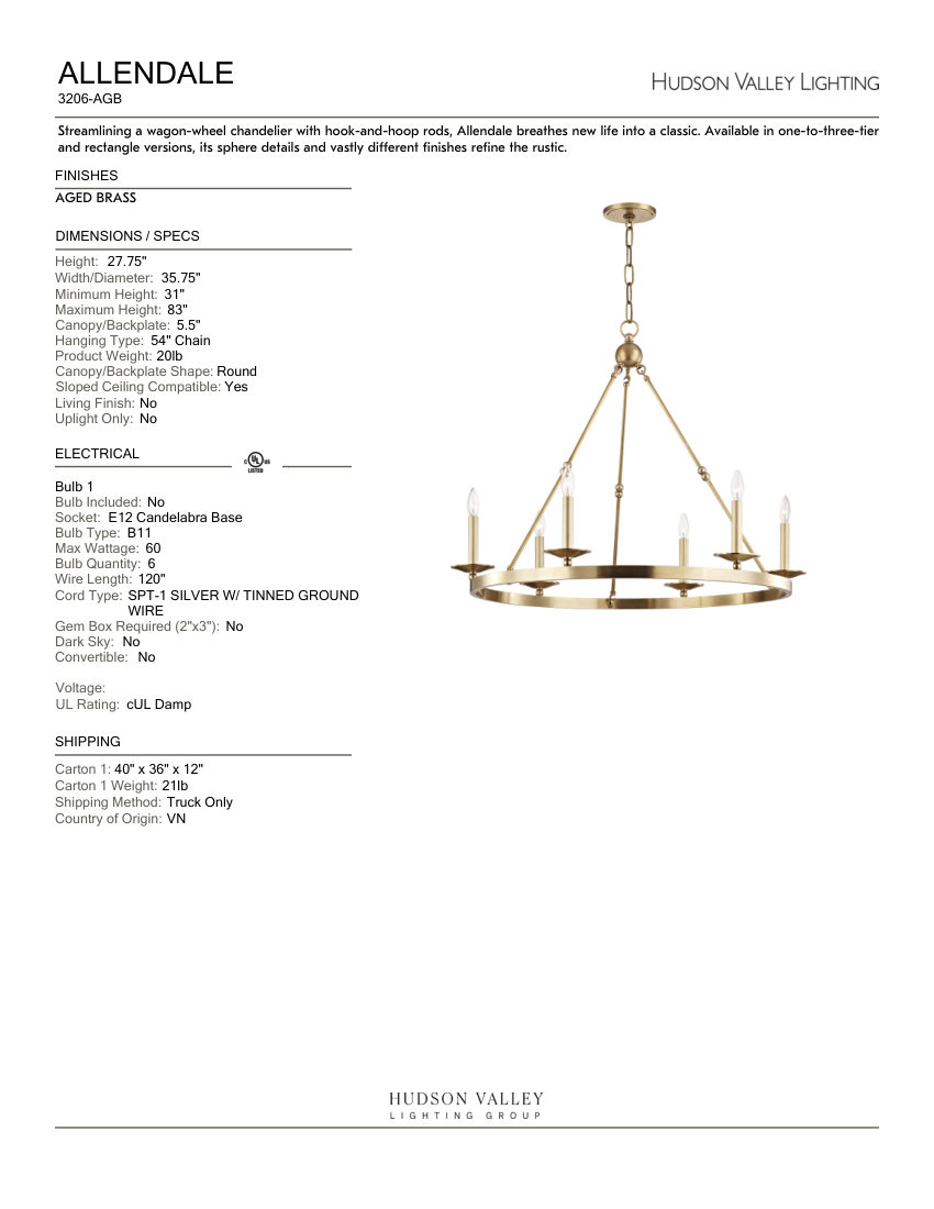 Hudson Valley Lighting 3206-AGB cut sheet — first page
