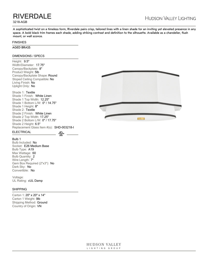 Hudson Valley Lighting 3218-AGB cut sheet — first page