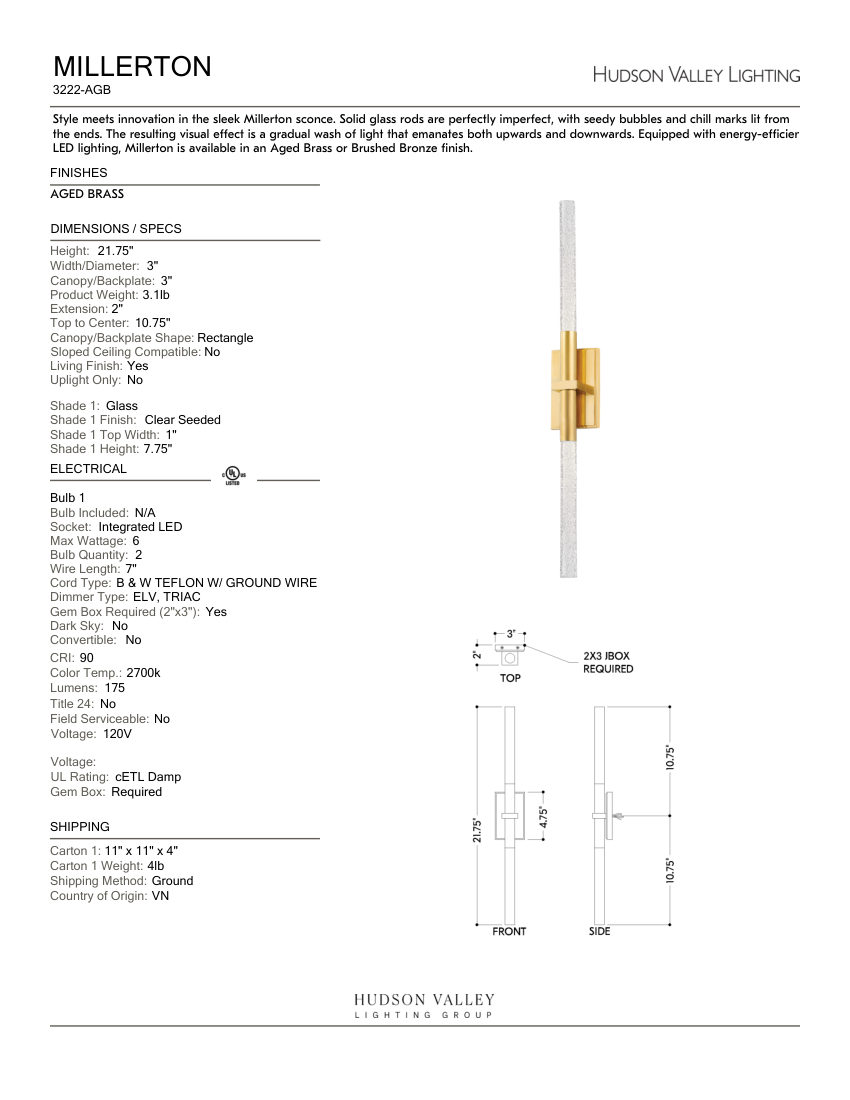 Hudson Valley Lighting 3222-AGB cut sheet — first page