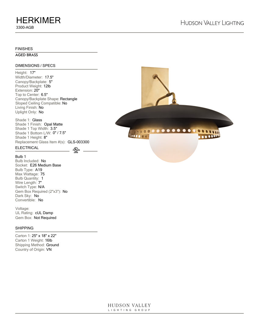 Hudson Valley Lighting 3300-AGB cut sheet — first page