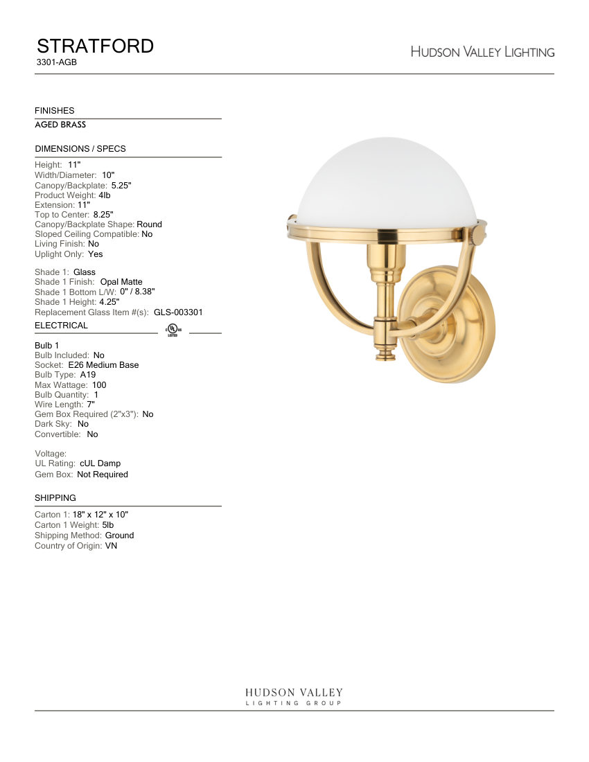 Hudson Valley Lighting 3301-AGB cut sheet — first page