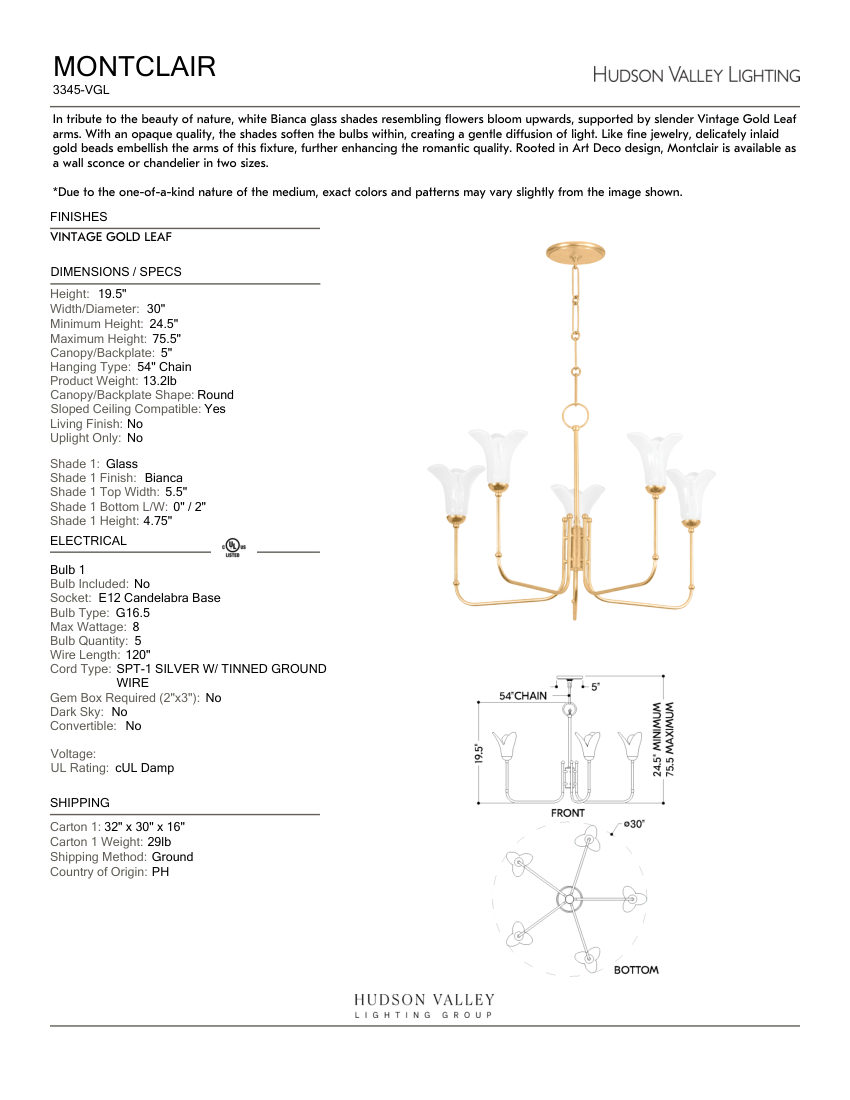 Hudson Valley Lighting 3345-VGL cut sheet — first page
