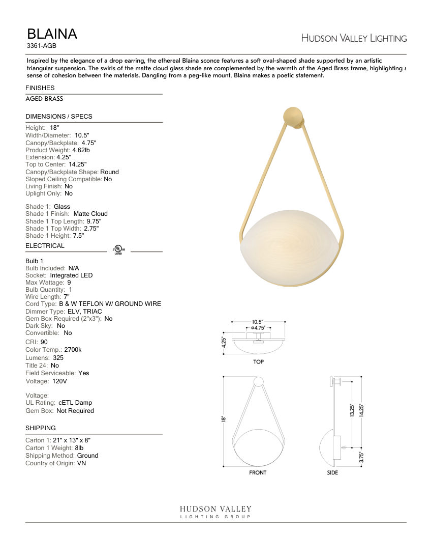 Hudson Valley Lighting 3361-AGB cut sheet — first page