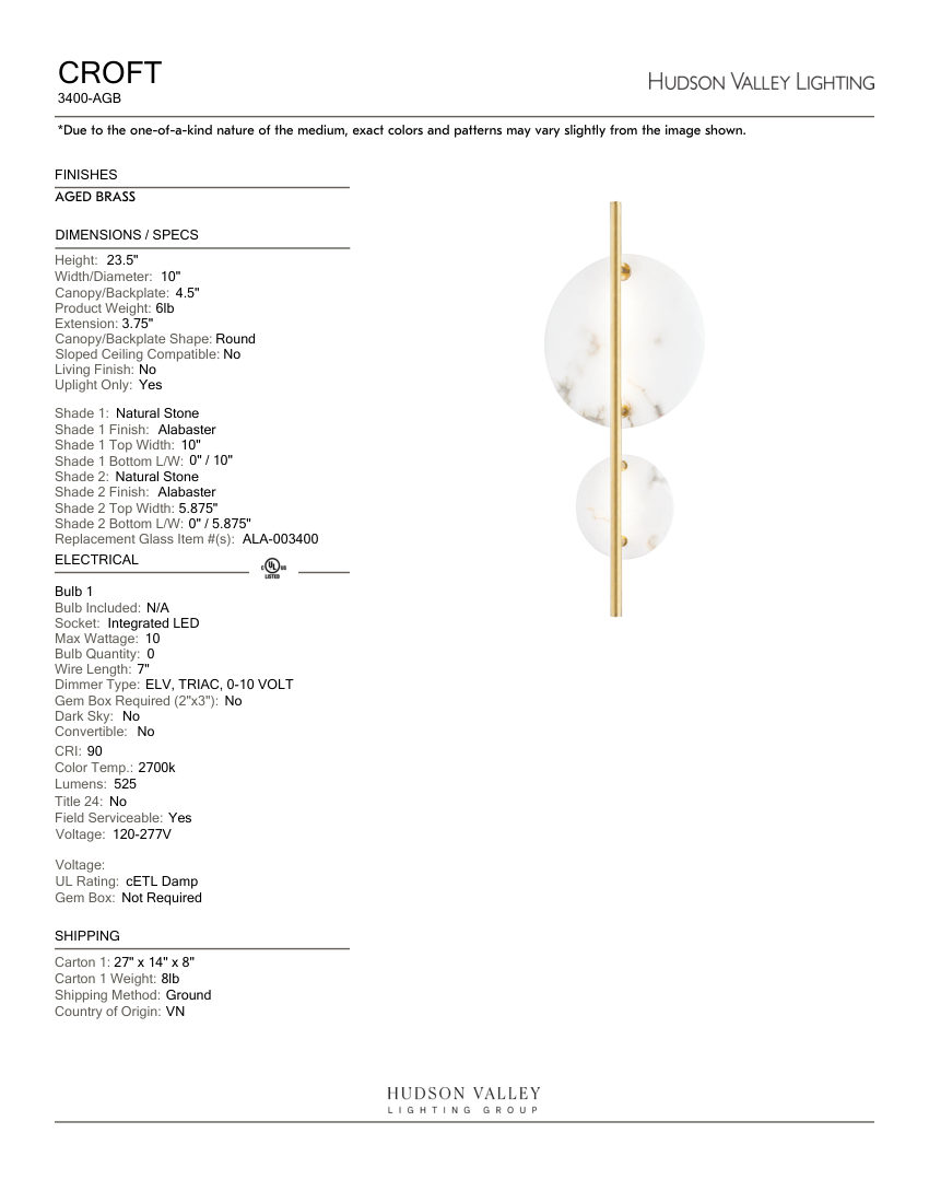 Hudson Valley Lighting 3400-AGB cut sheet — first page