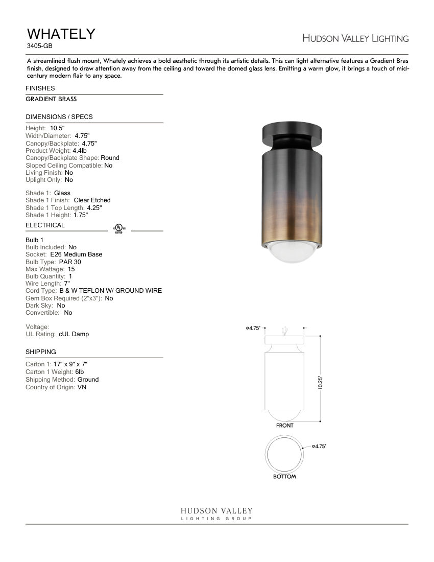 Hudson Valley Lighting 3405-GB cut sheet — first page