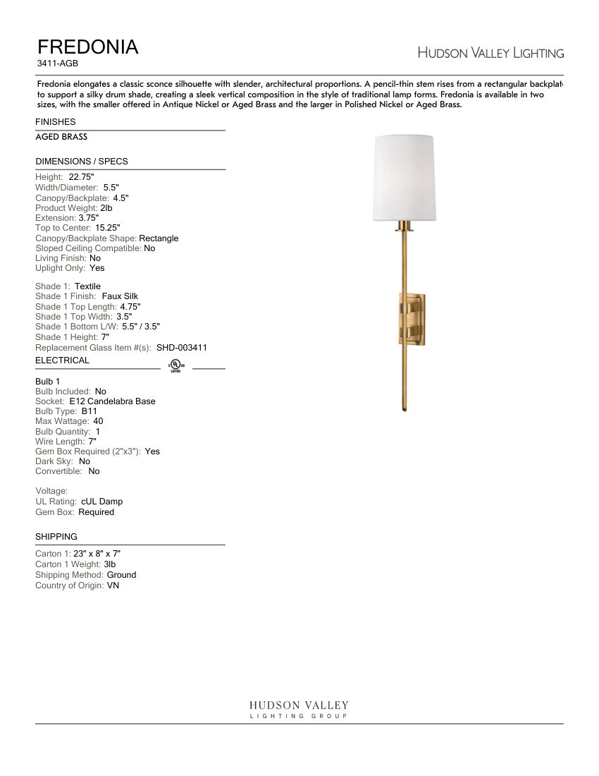 Hudson Valley Lighting 3411-AGB cut sheet — first page