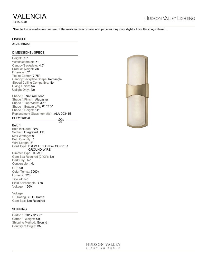 Hudson Valley Lighting 3415-AGB cut sheet — first page