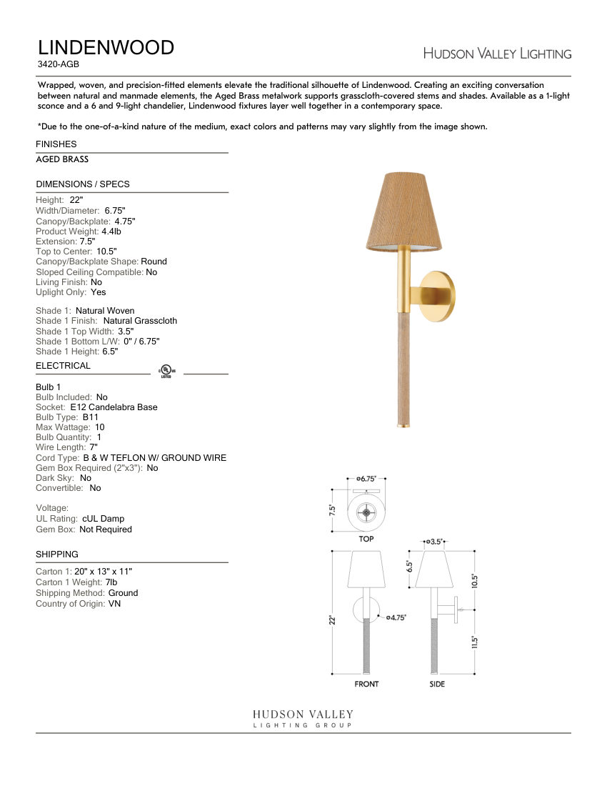 Hudson Valley Lighting 3420-AGB cut sheet — first page