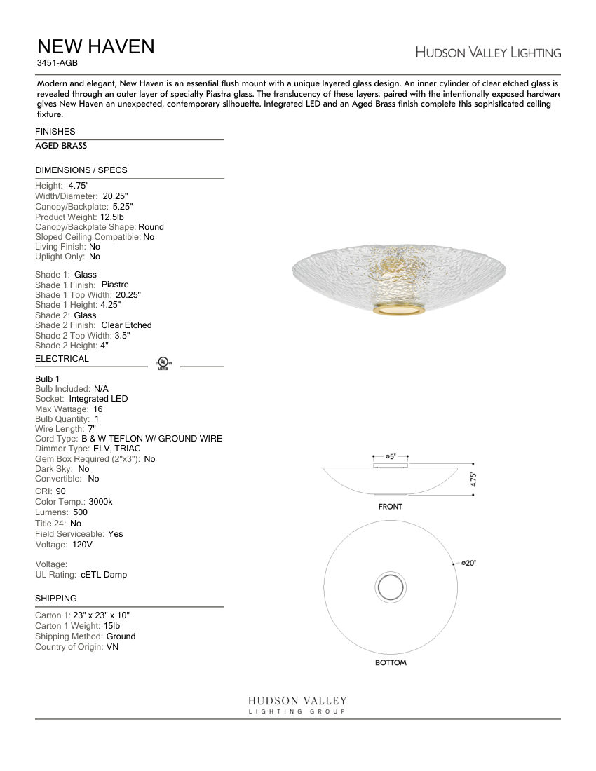 Hudson Valley Lighting 3451-AGB cut sheet — first page