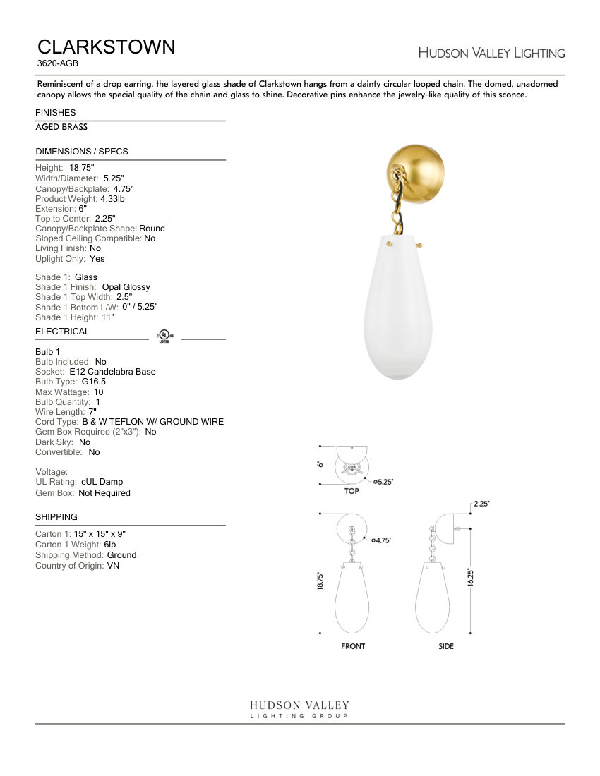 Hudson Valley Lighting 3620-AGB cut sheet — first page