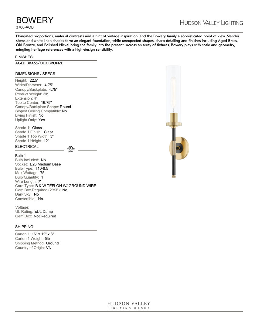 Hudson Valley Lighting 3700-AOB cut sheet — first page