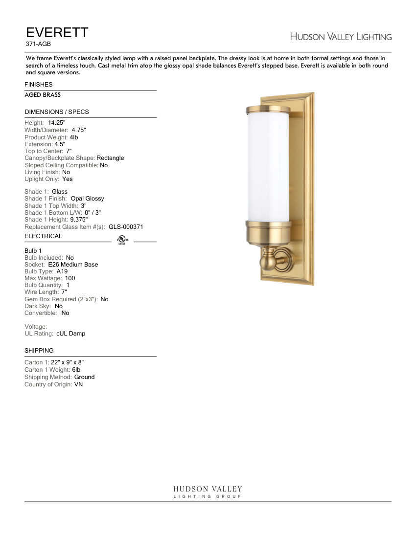 Hudson Valley Lighting 371-AGB cut sheet — first page