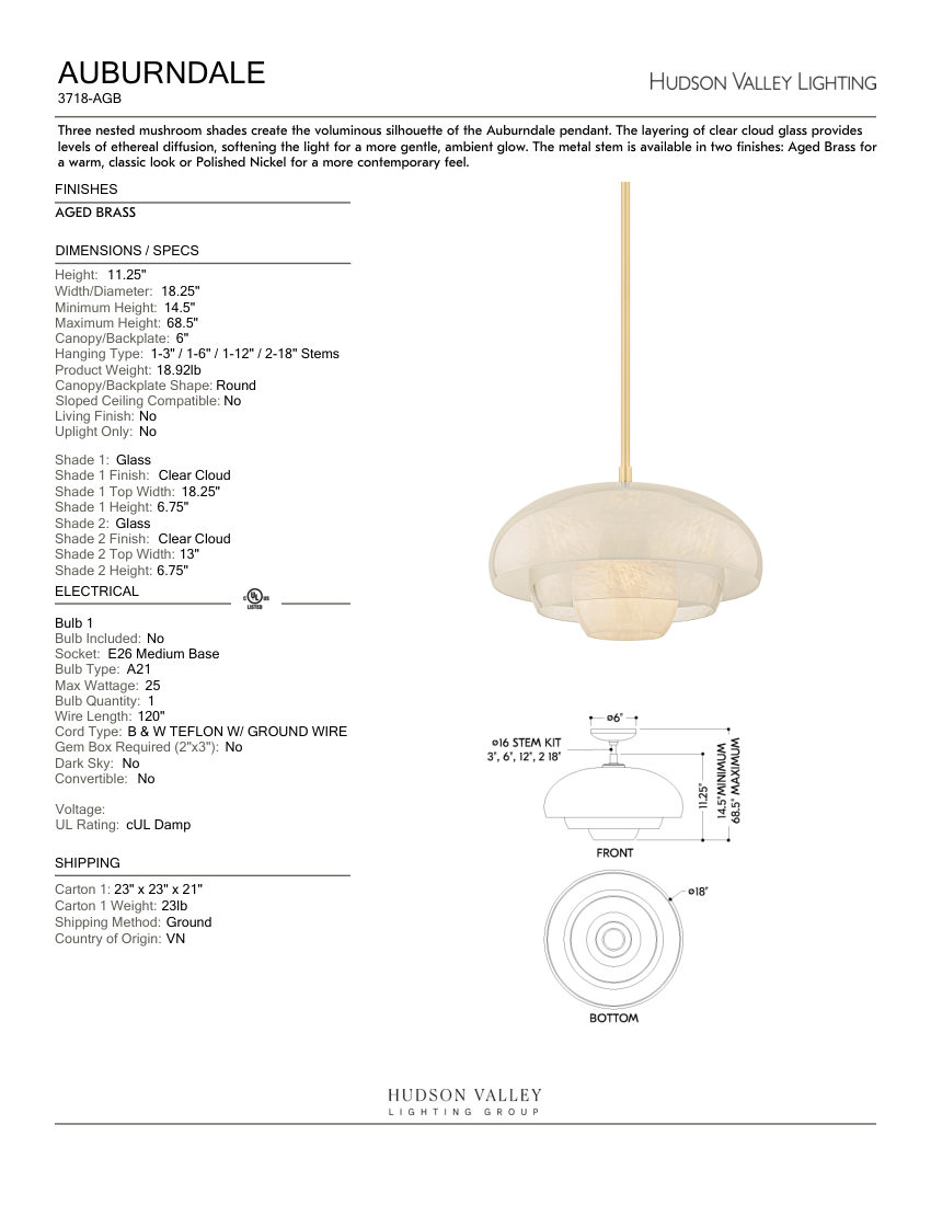 Hudson Valley Lighting 3718-AGB cut sheet — first page