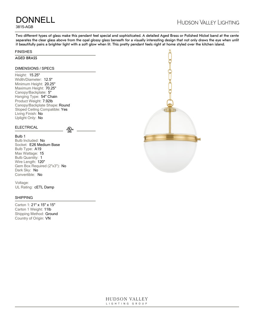 Hudson Valley Lighting 3815-AGB cut sheet — first page