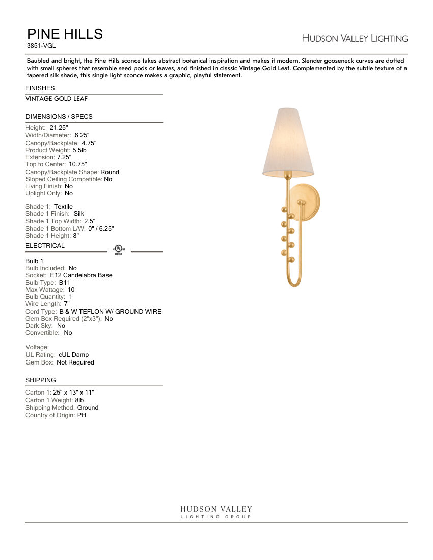 Hudson Valley Lighting 3851-VGL cut sheet — first page
