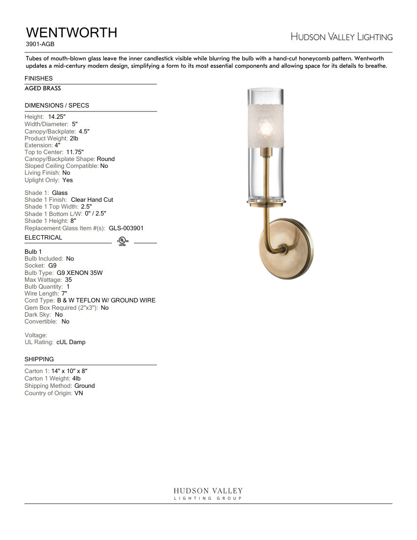 Hudson Valley Lighting 3901-AGB cut sheet — first page