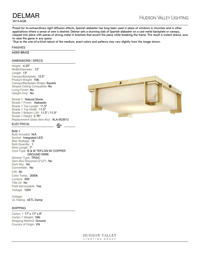 Hudson Valley Lighting 3913-AGB cut sheet — first page