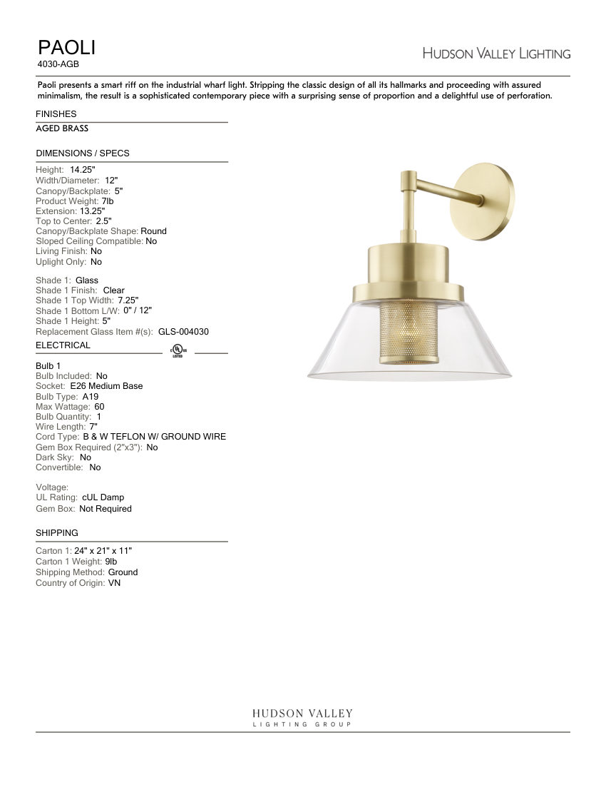 Hudson Valley Lighting 4030-AGB cut sheet — first page