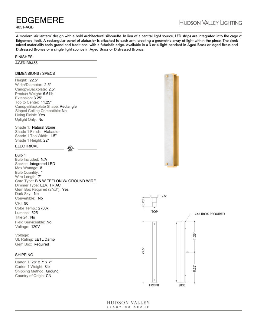 Hudson Valley Lighting 4051-AGB cut sheet — first page