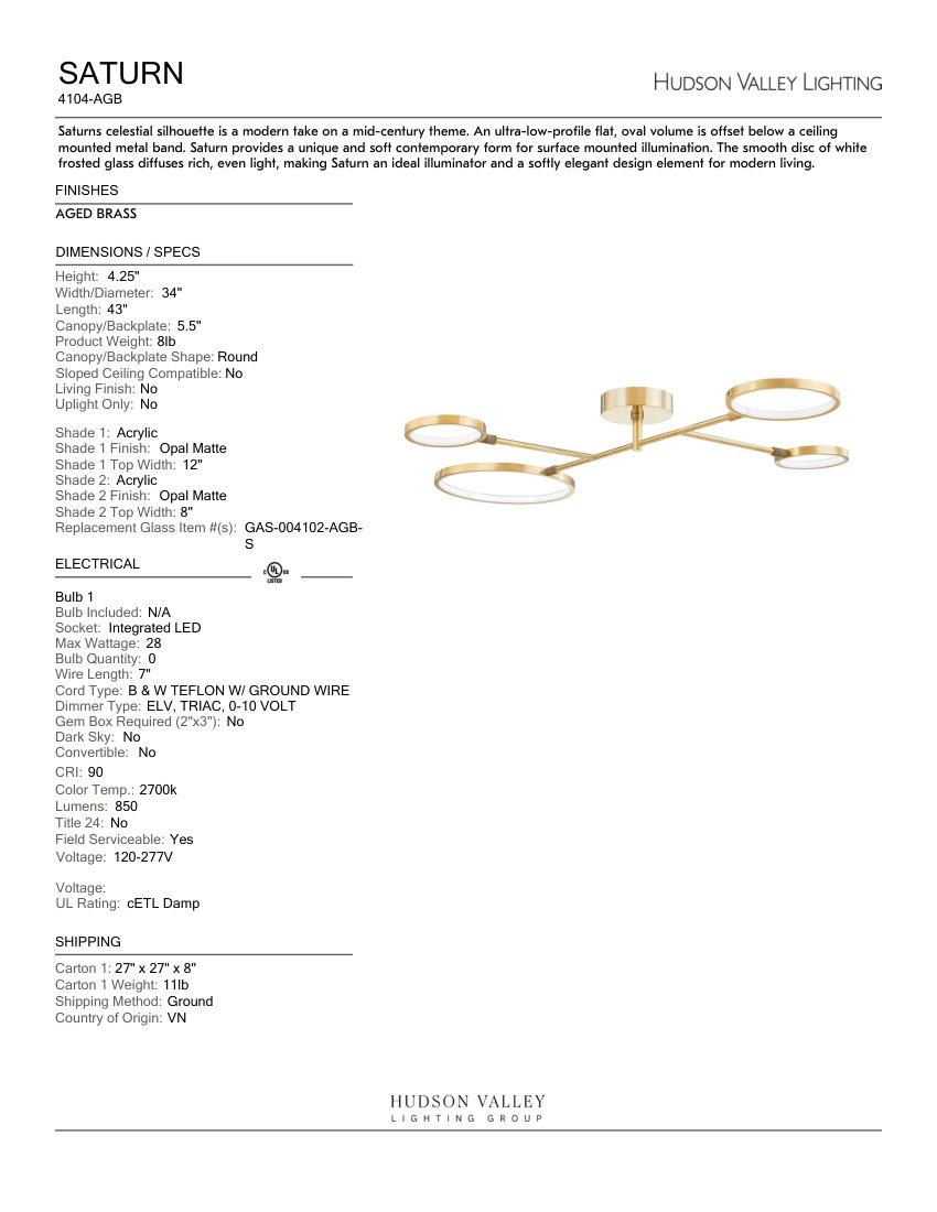Hudson Valley Lighting 4104-AGB cut sheet — first page