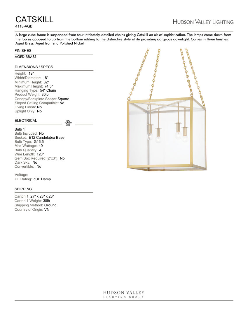 Hudson Valley Lighting 4118-AGB cut sheet — first page