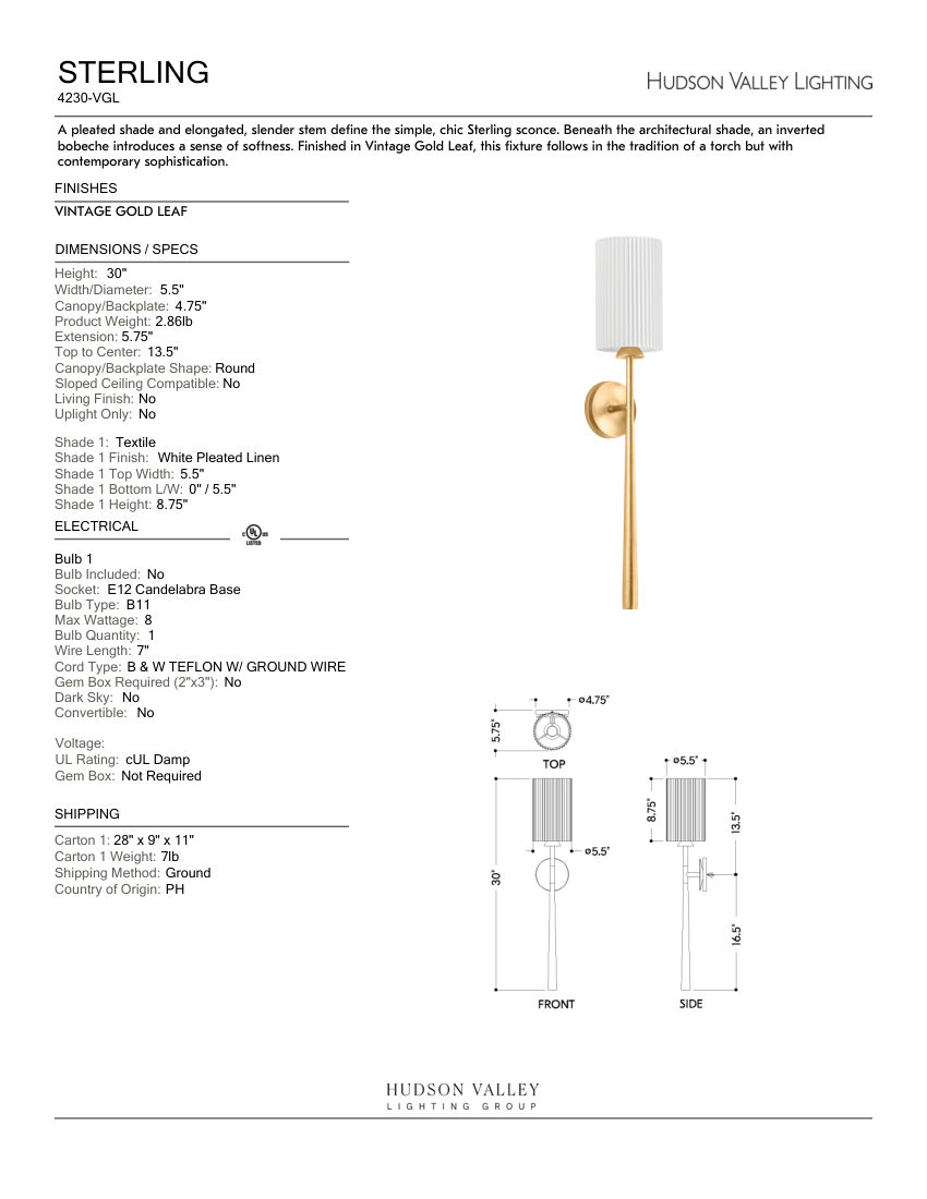 Hudson Valley Lighting 4230-VGL cut sheet — first page