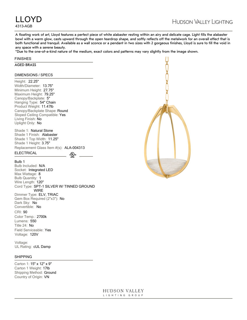 Hudson Valley Lighting 4313-AGB cut sheet — first page