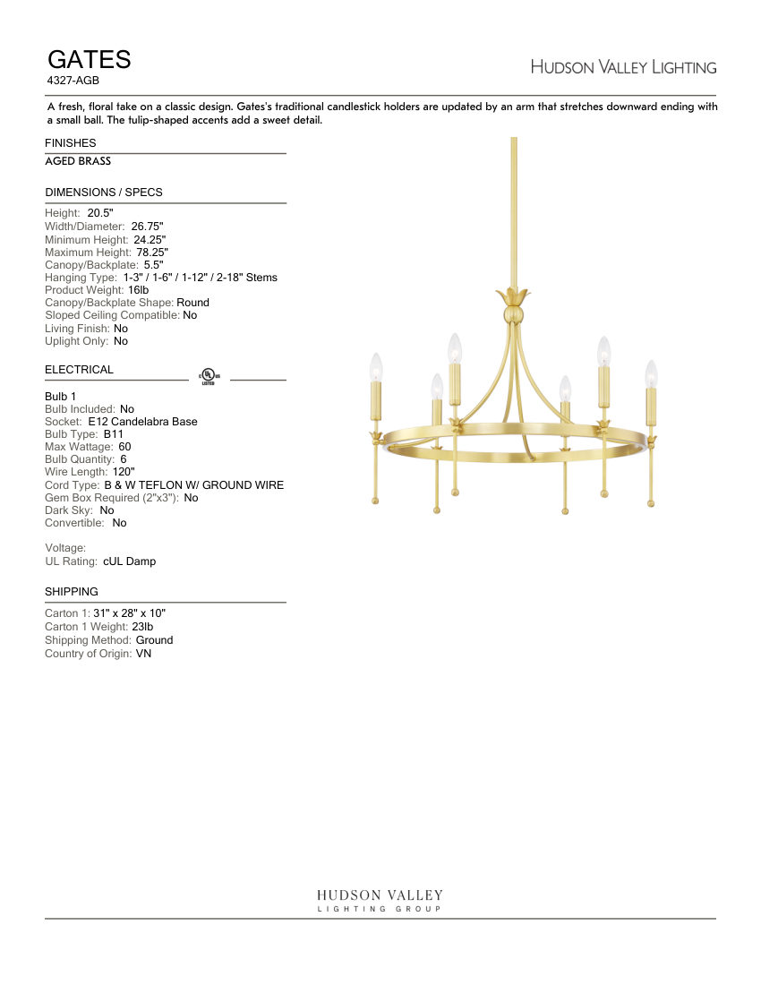 Hudson Valley Lighting 4327-AGB cut sheet — first page