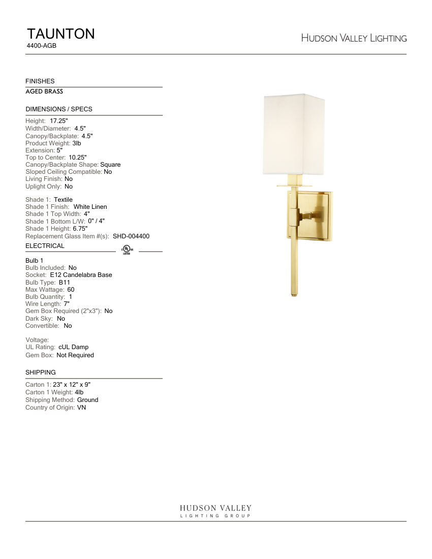 Hudson Valley Lighting 4400-AGB cut sheet — first page
