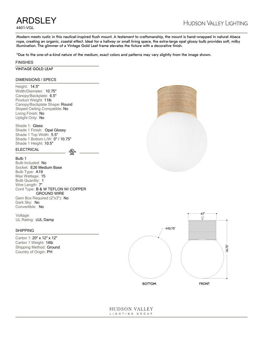 Hudson Valley Lighting 4401-VGL cut sheet — first page