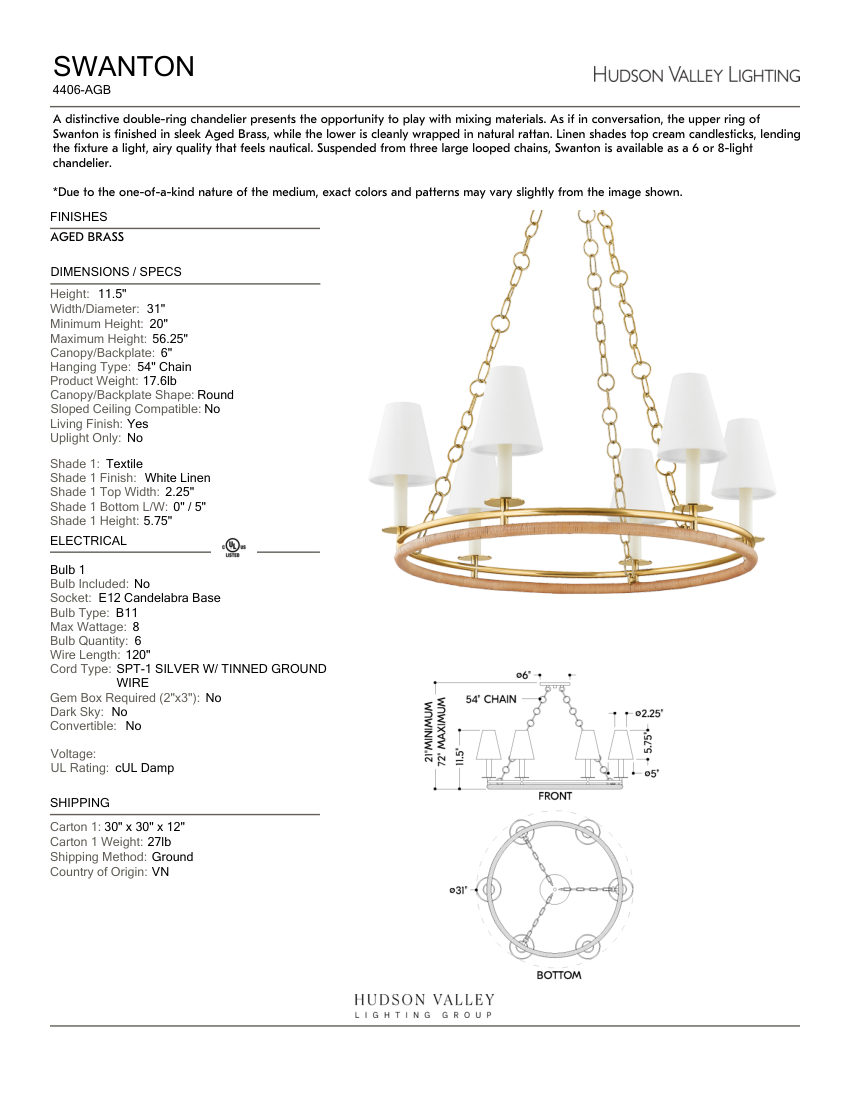 Hudson Valley Lighting 4406-AGB cut sheet — first page