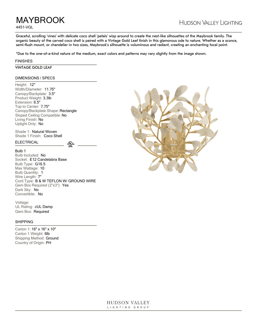 Hudson Valley Lighting 4451-VGL cut sheet — first page
