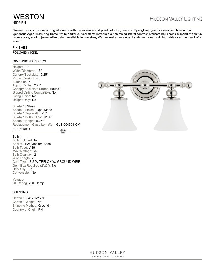 Hudson Valley Lighting 4502-PN cut sheet — first page