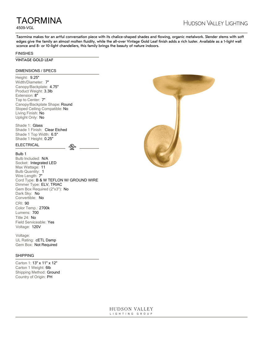 Hudson Valley Lighting 4509-VGL cut sheet — first page