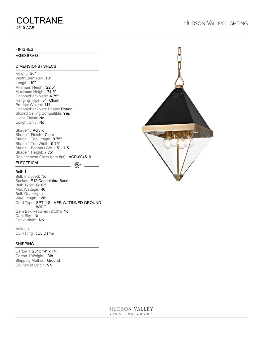 Hudson Valley Lighting 4510-AGB cut sheet — first page