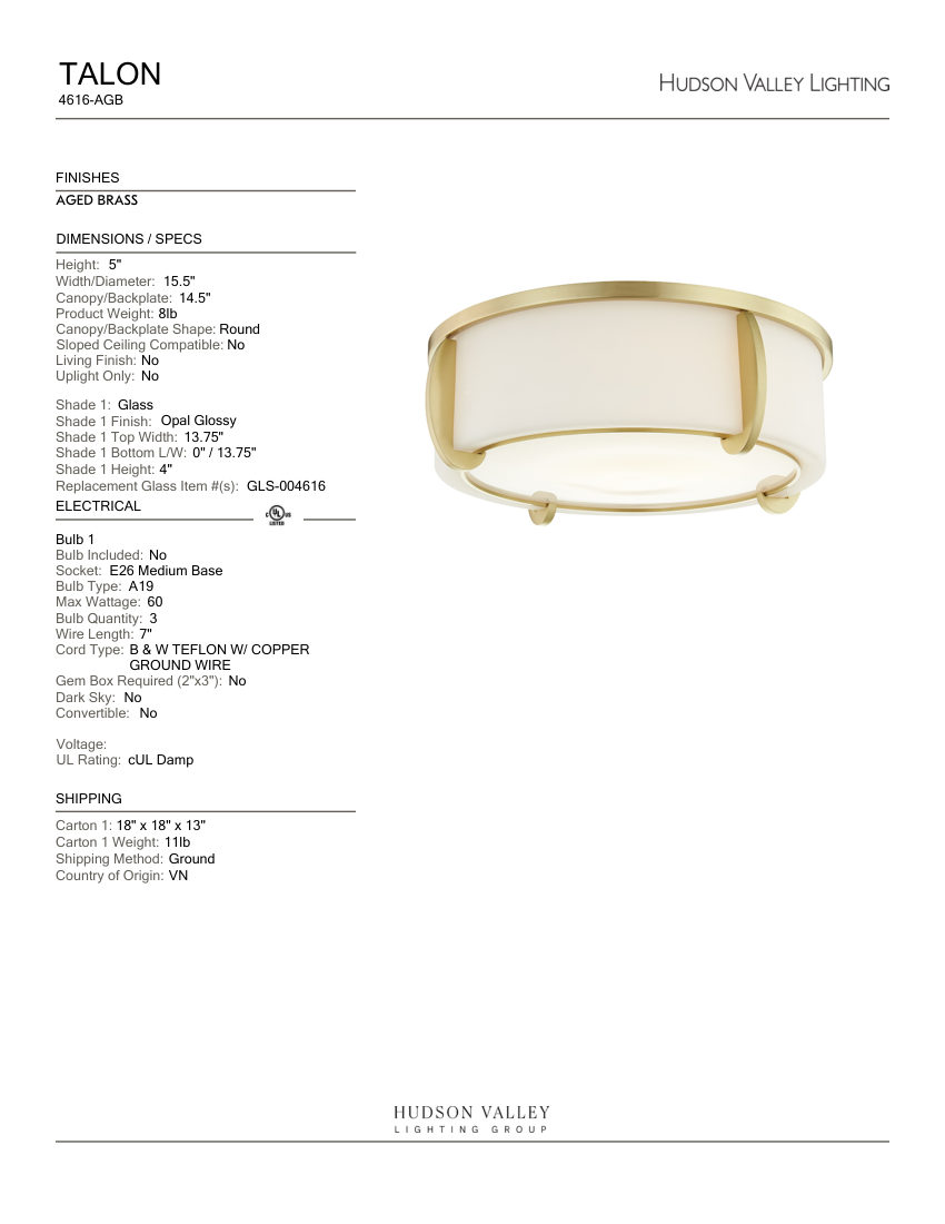 Hudson Valley Lighting 4616-AGB cut sheet — first page