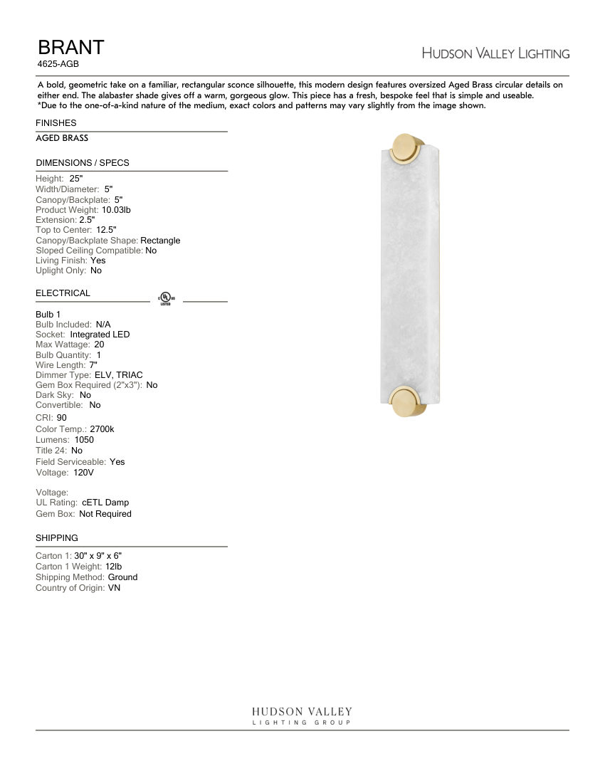 Hudson Valley Lighting 4625-AGB cut sheet — first page
