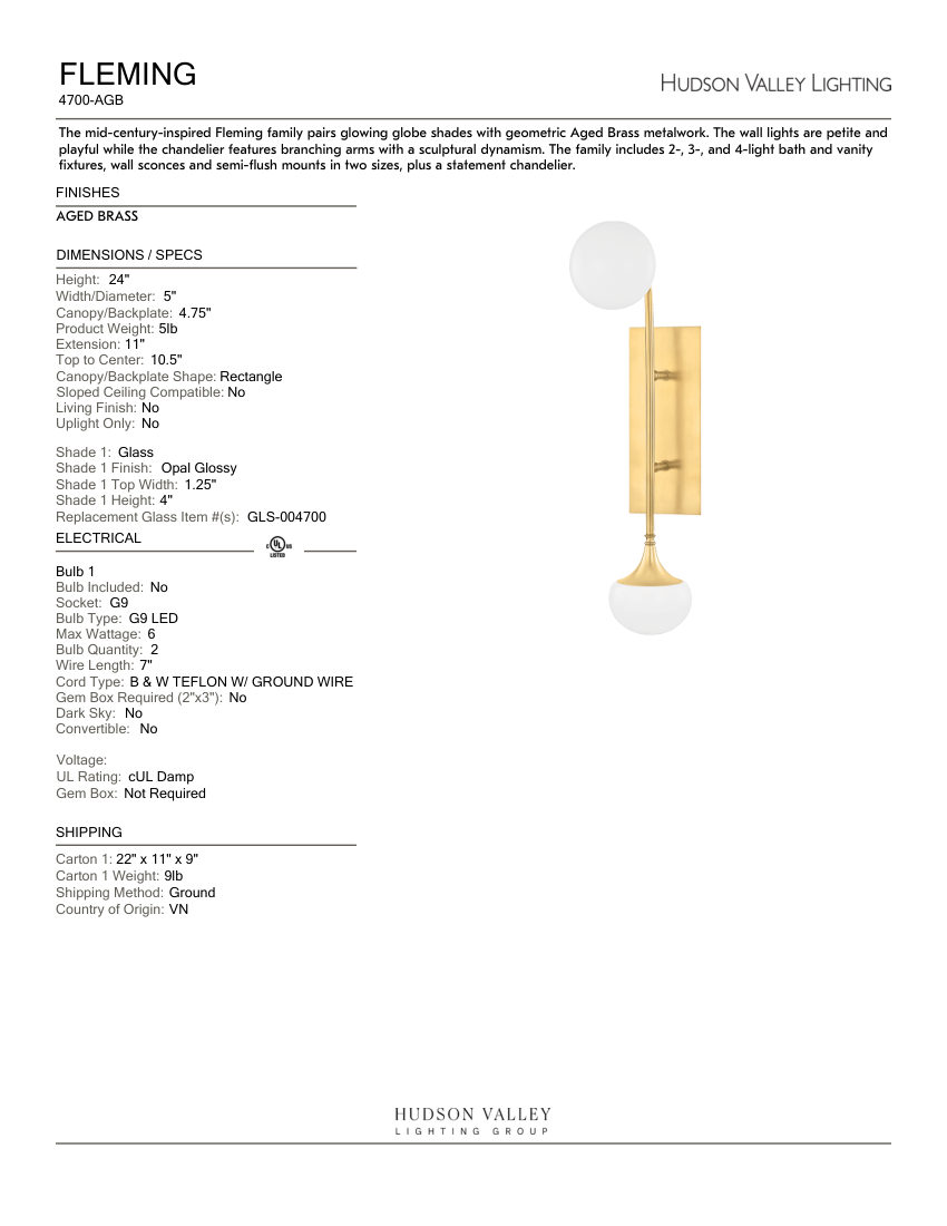 Hudson Valley Lighting 4700-AGB cut sheet — first page