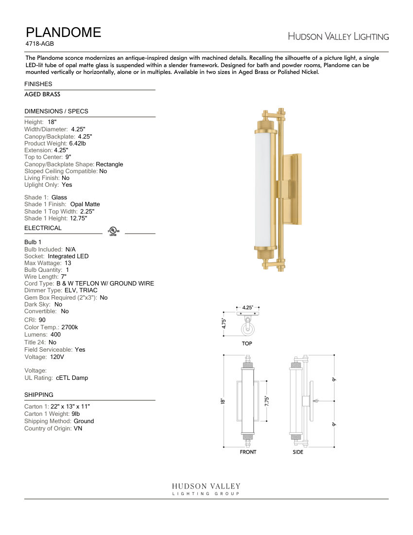 Hudson Valley Lighting 4718-AGB cut sheet — first page