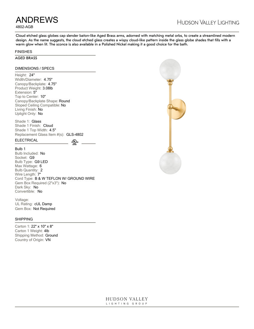 Hudson Valley Lighting 4802-AGB cut sheet — first page