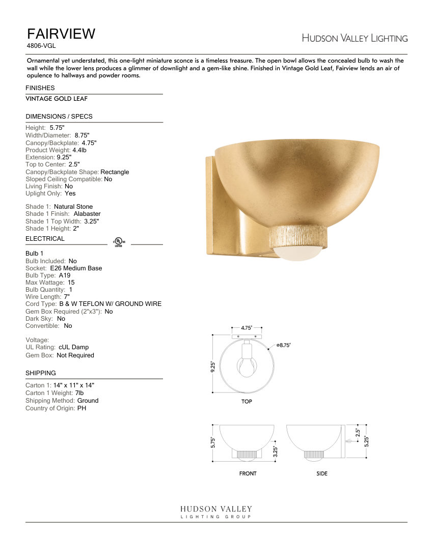 Hudson Valley Lighting 4806-VGL cut sheet — first page