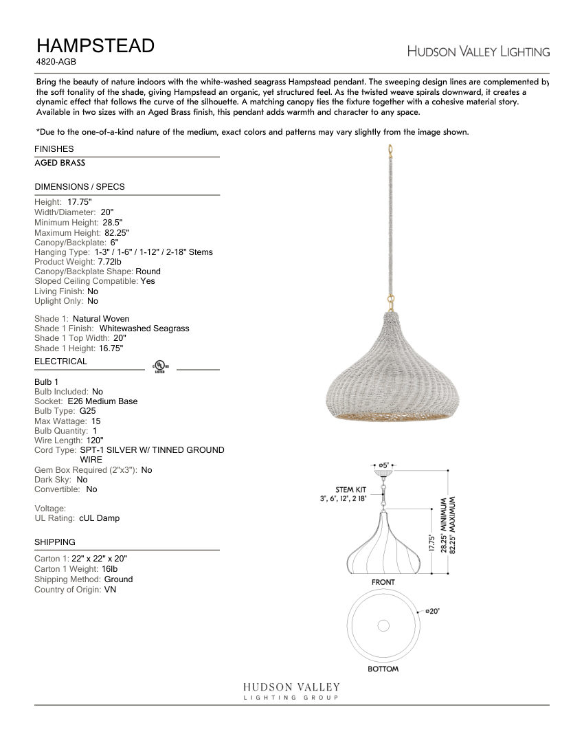 Hudson Valley Lighting 4820-AGB cut sheet — first page