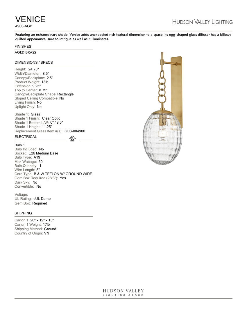Hudson Valley Lighting 4900-AGB cut sheet — first page