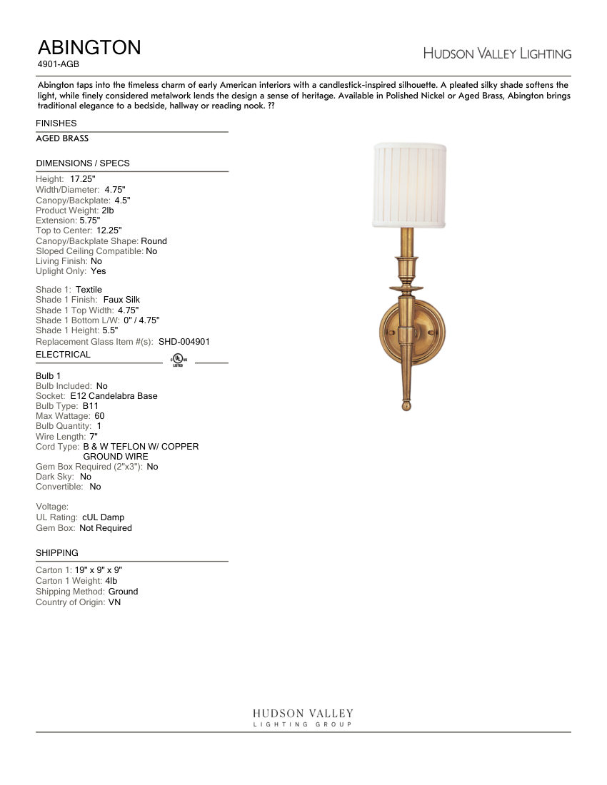 Hudson Valley Lighting 4901-AGB cut sheet — first page
