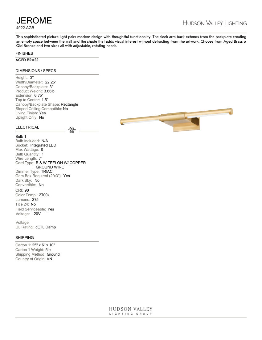 Hudson Valley Lighting 4922-AGB cut sheet — first page