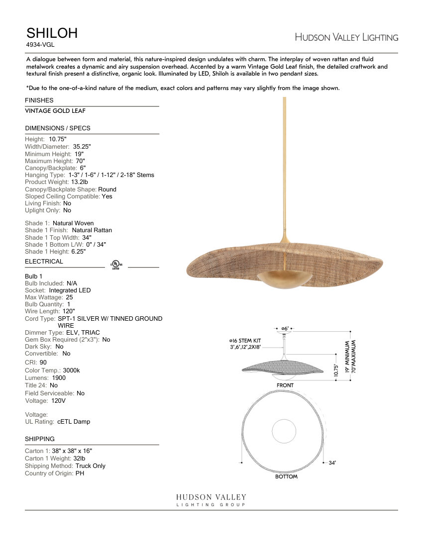 Hudson Valley Lighting 4934-VGL cut sheet — first page
